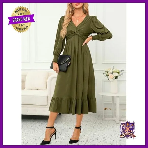 Wrap V-Neck Long Sleeve Empire Waist Midi Dress with Pockets - Picture 5 of 8